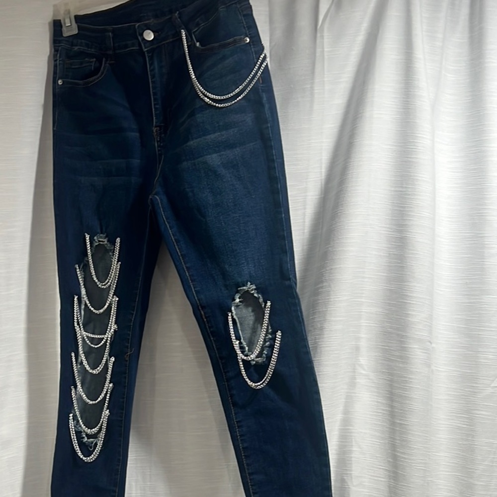 Dark Blue Chain-Embellished Women's Jeans